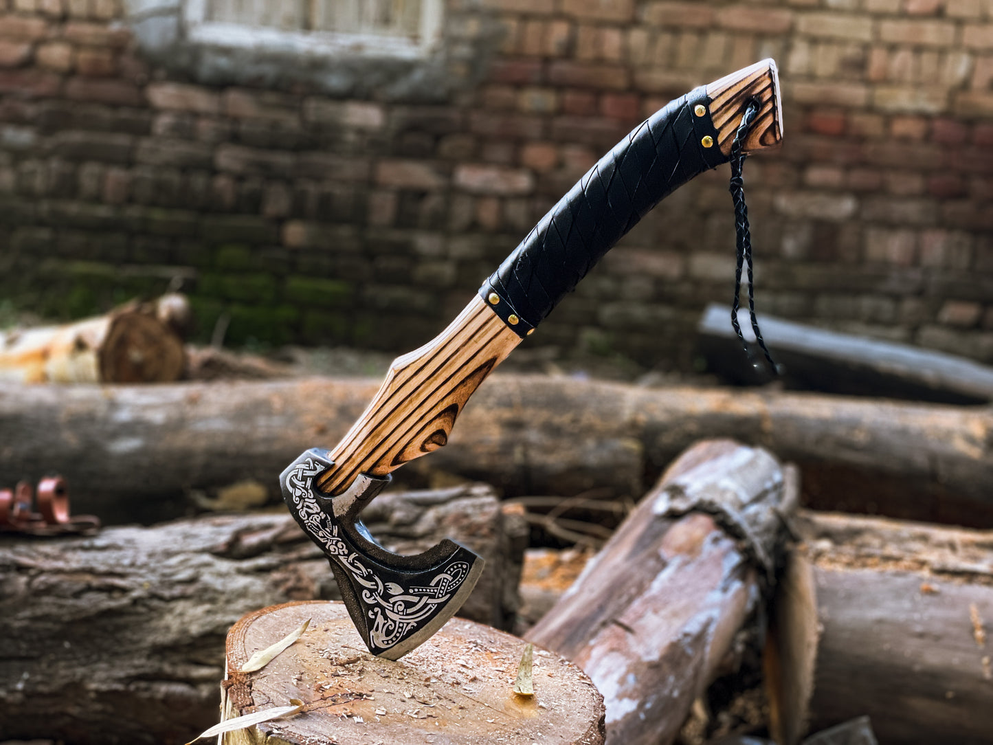 Handmade Viking Axe with Engraved Carbon Steel Blade | Custom Wood Handle | Tactical & Decorative Hatche