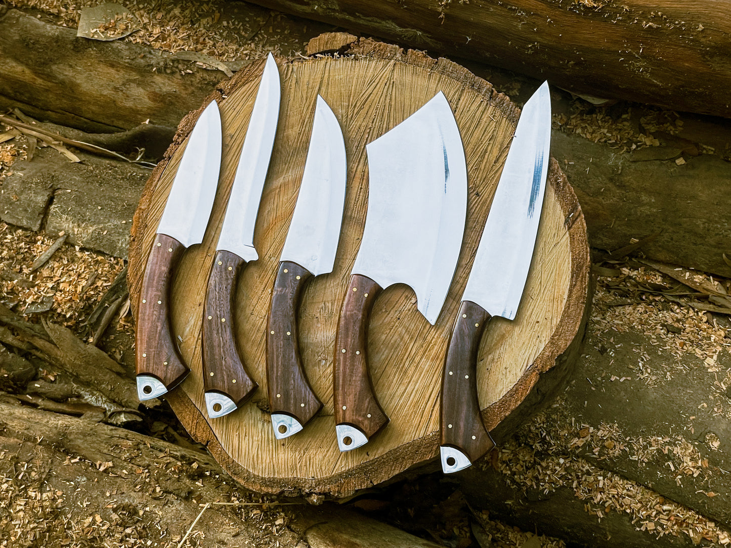 Handmade Chef Knife Set with Leather Roll | Custom High-Carbon Steel Kitchen Knives | Full Tang Butcher & Cleaver Set
