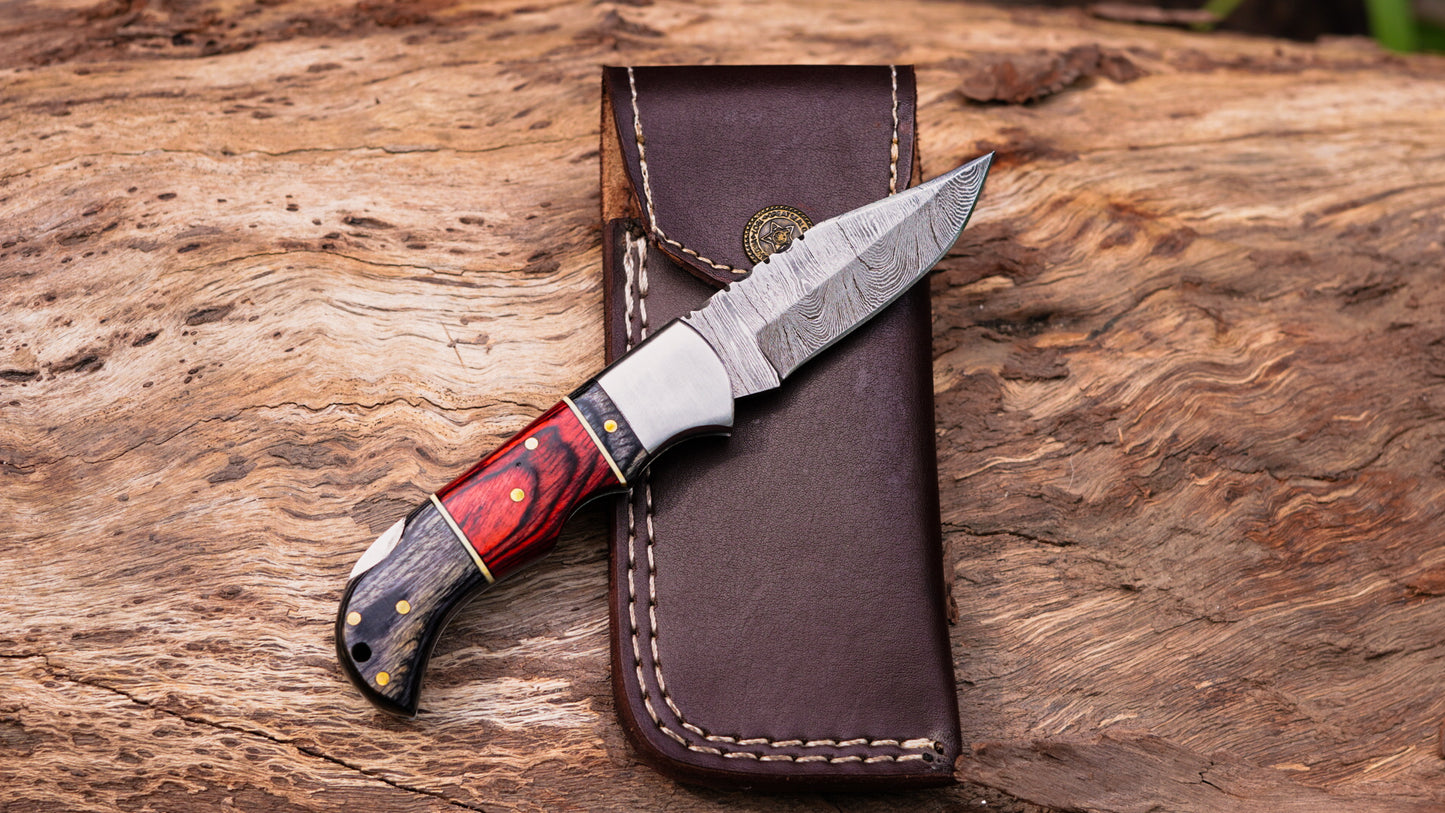 Handmade Folding Damascus Knife | Custom Pocket Knife with Wood Handle | EDC Camping & Hunting Knife