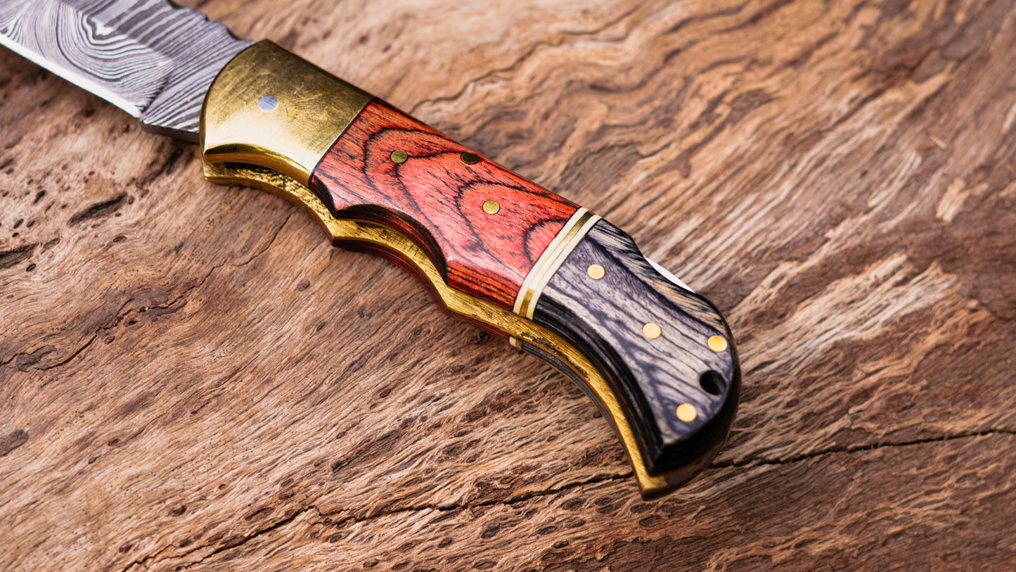 Handmade Folding Damascus Knife | Custom Pocket Knife with Wood Handle | EDC Camping & Hunting Knife