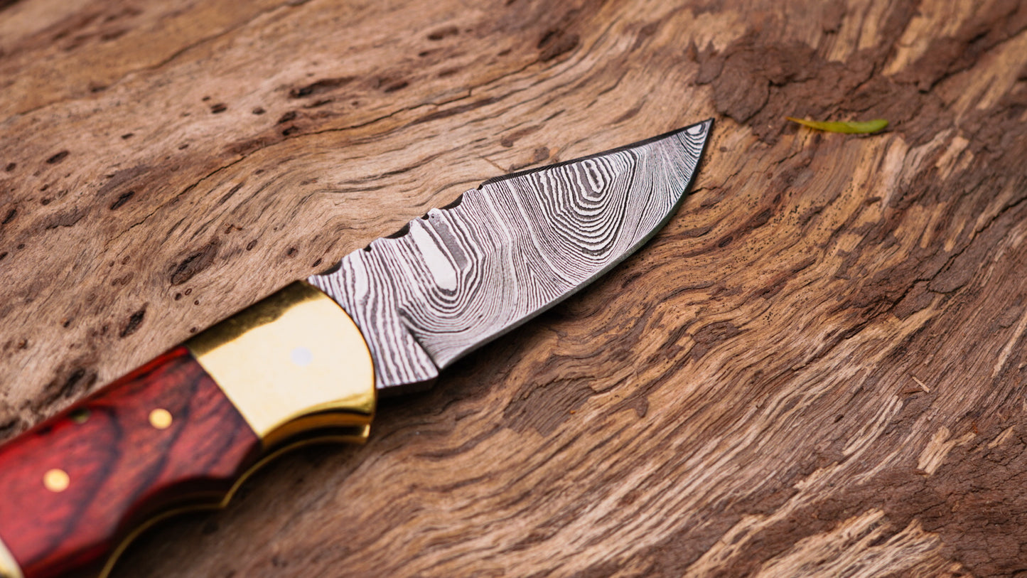 Handmade Folding Damascus Knife | Custom Pocket Knife with Wood Handle | EDC Camping & Hunting Knife