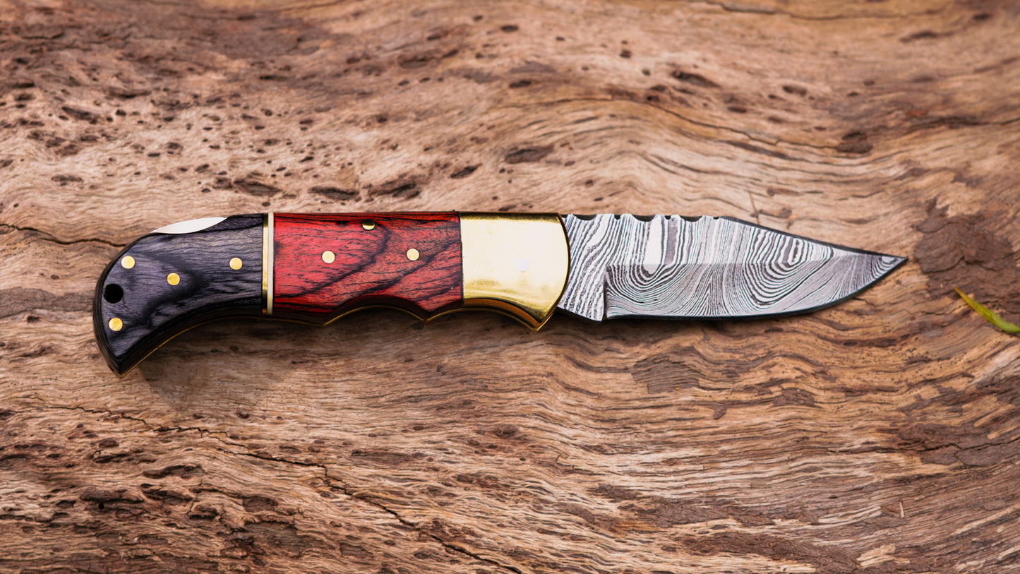 Handmade Folding Damascus Knife | Custom Pocket Knife with Wood Handle | EDC Camping & Hunting Knife
