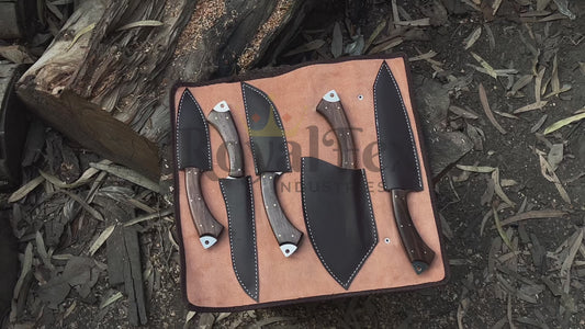 Handmade Chef Knife Set with Leather Roll | Custom High-Carbon Steel Kitchen Knives | Full Tang Butcher & Cleaver Set
