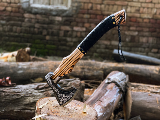 Handmade Viking Axe with Engraved Carbon Steel Blade | Custom Wood Handle | Tactical & Decorative Hatche