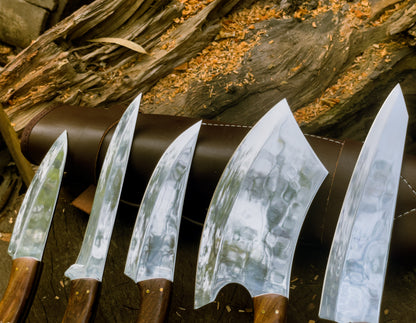 Handmade Chef Knife Set with Leather Roll | Custom High-Carbon Steel Kitchen Knives | Full Tang Butcher & Cleaver Set
