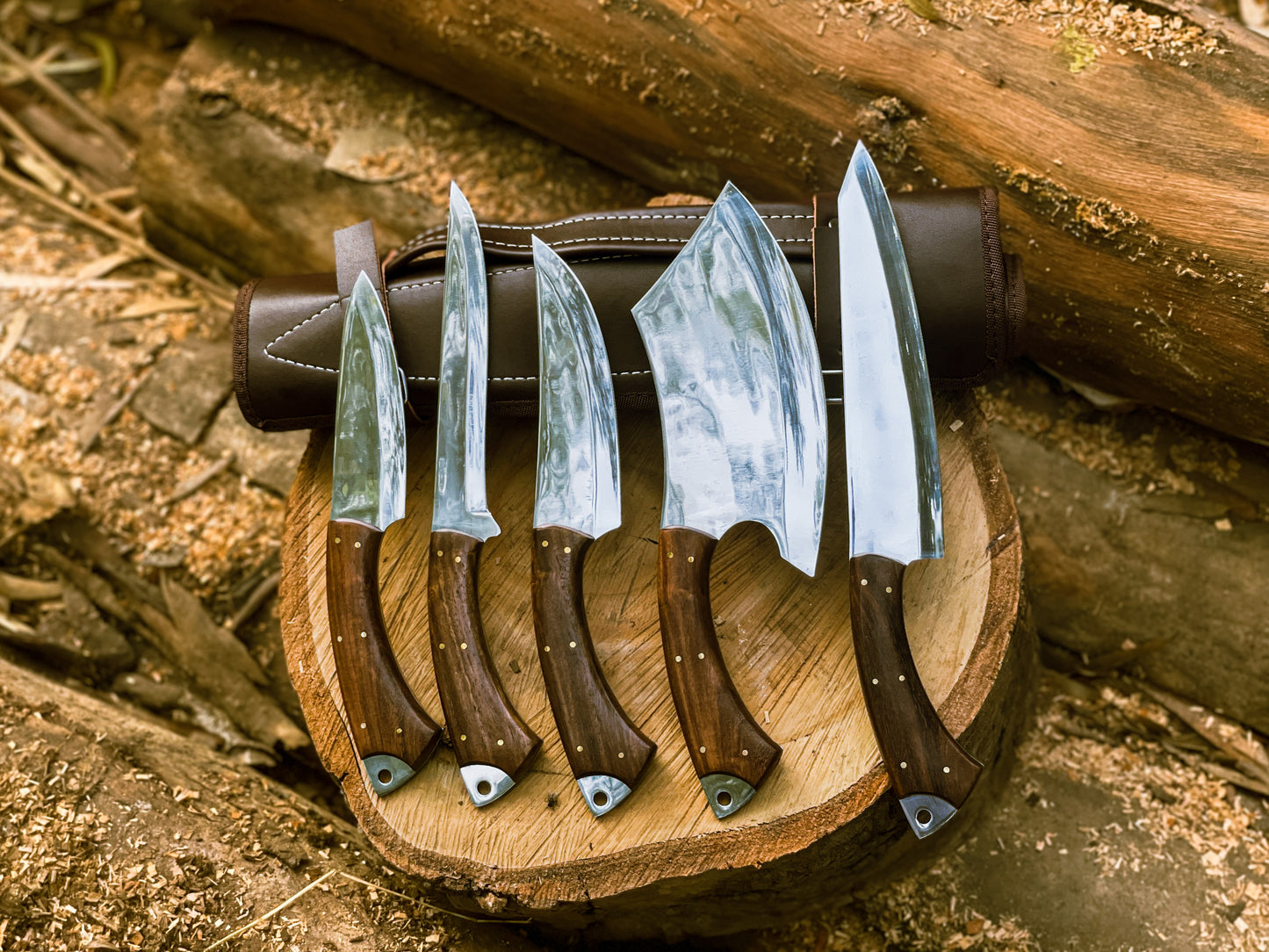 Handmade Chef Knife Set with Leather Roll | Custom High-Carbon Steel Kitchen Knives | Full Tang Butcher & Cleaver Set