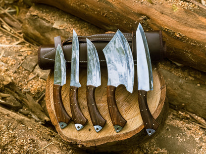 Handmade Chef Knife Set with Leather Roll | Custom High-Carbon Steel Kitchen Knives | Full Tang Butcher & Cleaver Set
