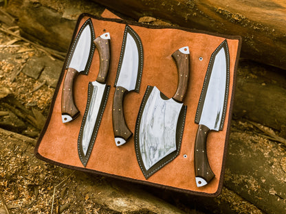 Handmade Chef Knife Set with Leather Roll | Custom High-Carbon Steel Kitchen Knives | Full Tang Butcher & Cleaver Set