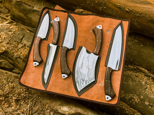 Handmade Chef Knife Set with Leather Roll | Custom High-Carbon Steel Kitchen Knives | Full Tang Butcher & Cleaver Set
