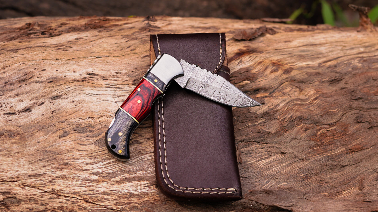 Handmade Folding Damascus Knife | Custom Pocket Knife with Wood Handle | EDC Camping & Hunting Knife