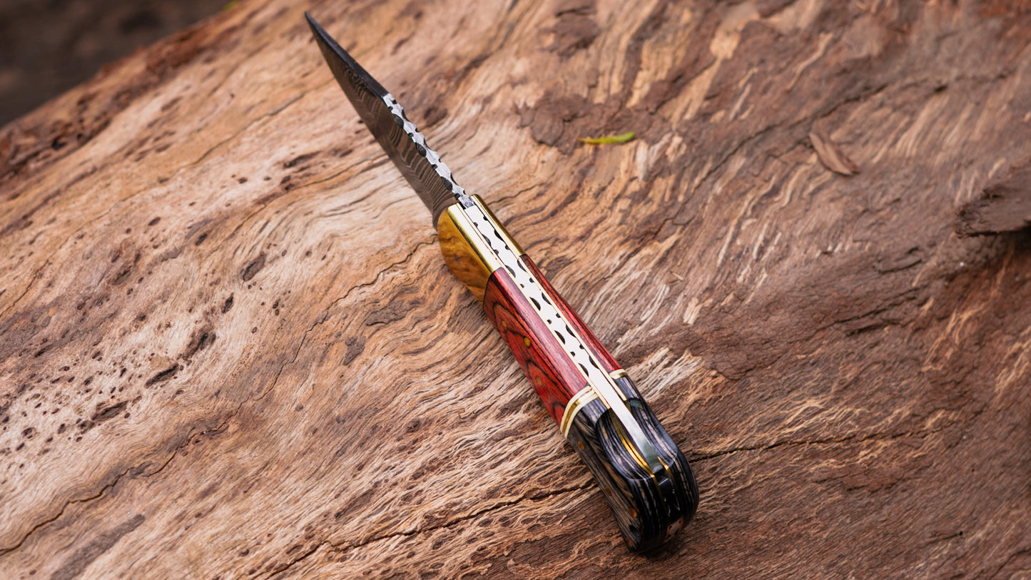 Handmade Folding Damascus Knife | Custom Pocket Knife with Wood Handle | EDC Camping & Hunting Knife