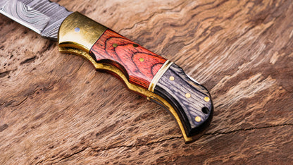 Handmade Folding Damascus Knife | Custom Pocket Knife with Wood Handle | EDC Camping & Hunting Knife
