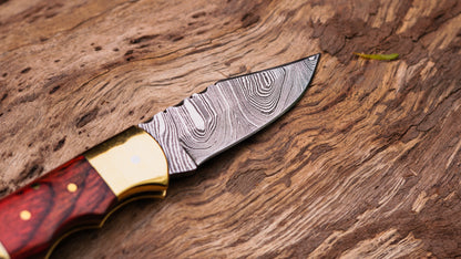 Handmade Folding Damascus Knife | Custom Pocket Knife with Wood Handle | EDC Camping & Hunting Knife