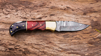 Handmade Folding Damascus Knife | Custom Pocket Knife with Wood Handle | EDC Camping & Hunting Knife