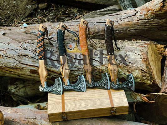Set of 4 Hand-Forged Viking Axes – Carbon Steel Axes with Ash Wood Handles & Leather Sheaths | Norse Axe Gift Set for Him – Birthday, Anniversary, Groomsmen